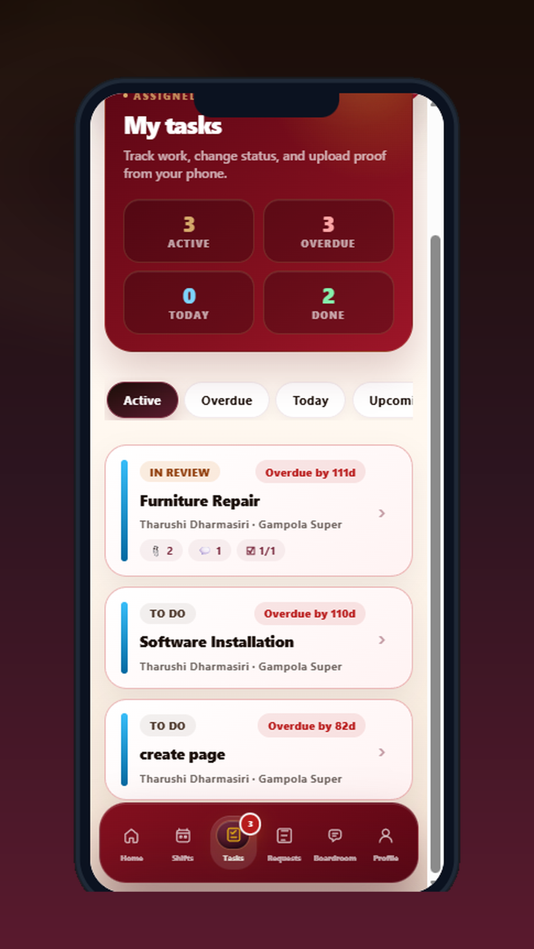 My tasks screen with active, overdue and in-review task cards