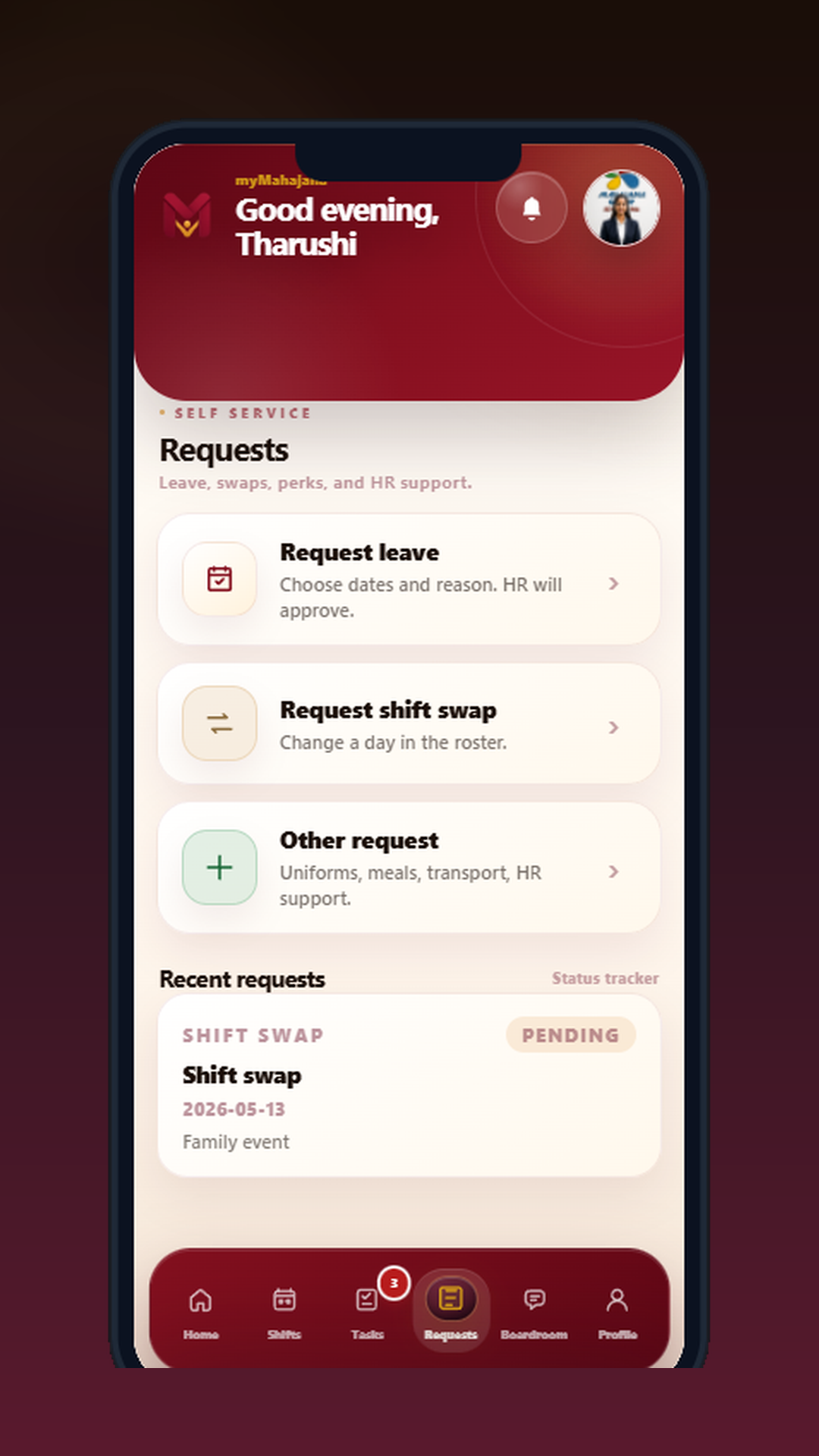Requests screen for leave, shift swap and other staff requests