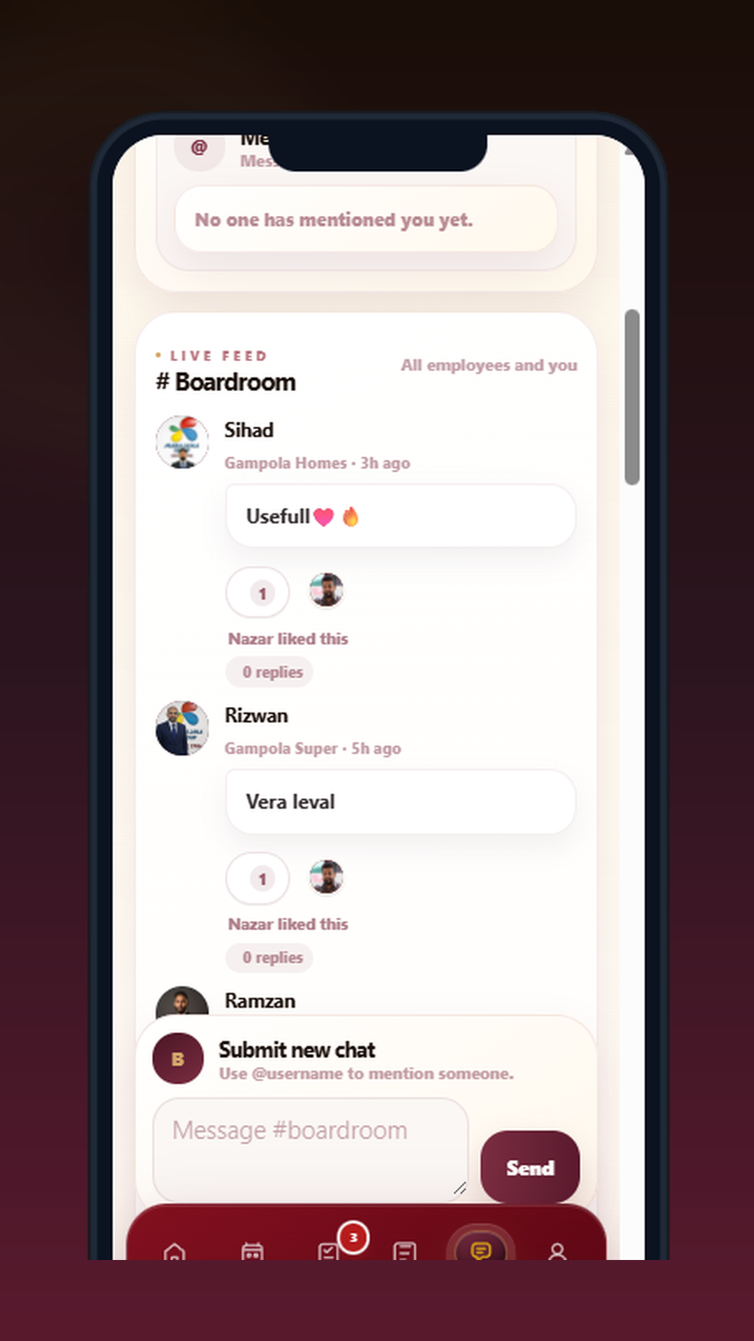 Boardroom live feed with posts, reactions and replies